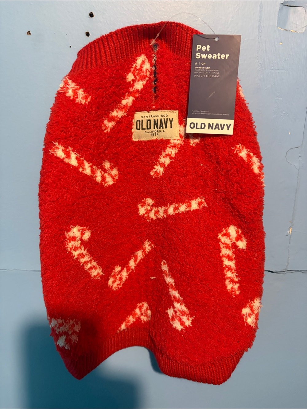 Old Navy Red Fuzzy Pet Sweater with White Candy Cane Pattern